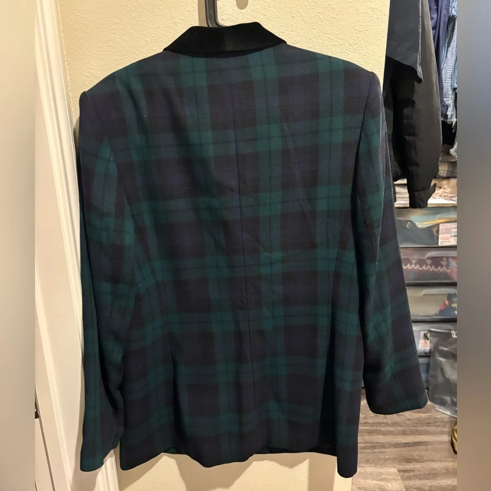 Vintage Le Suit Women's Navy and Green Tartan Blazer Size 10 - Picture 2 of 5